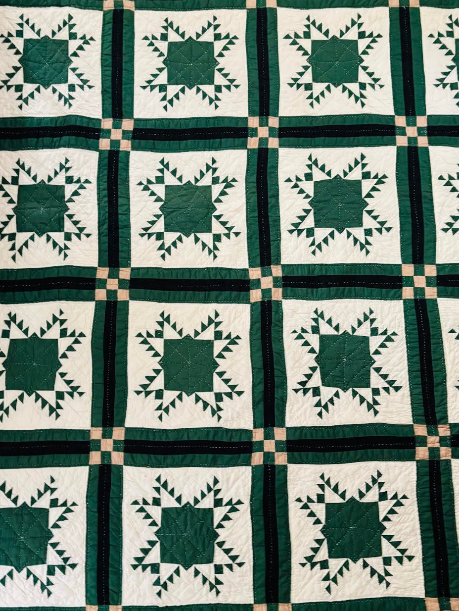 Dark green star block handmade and vintage quilt
