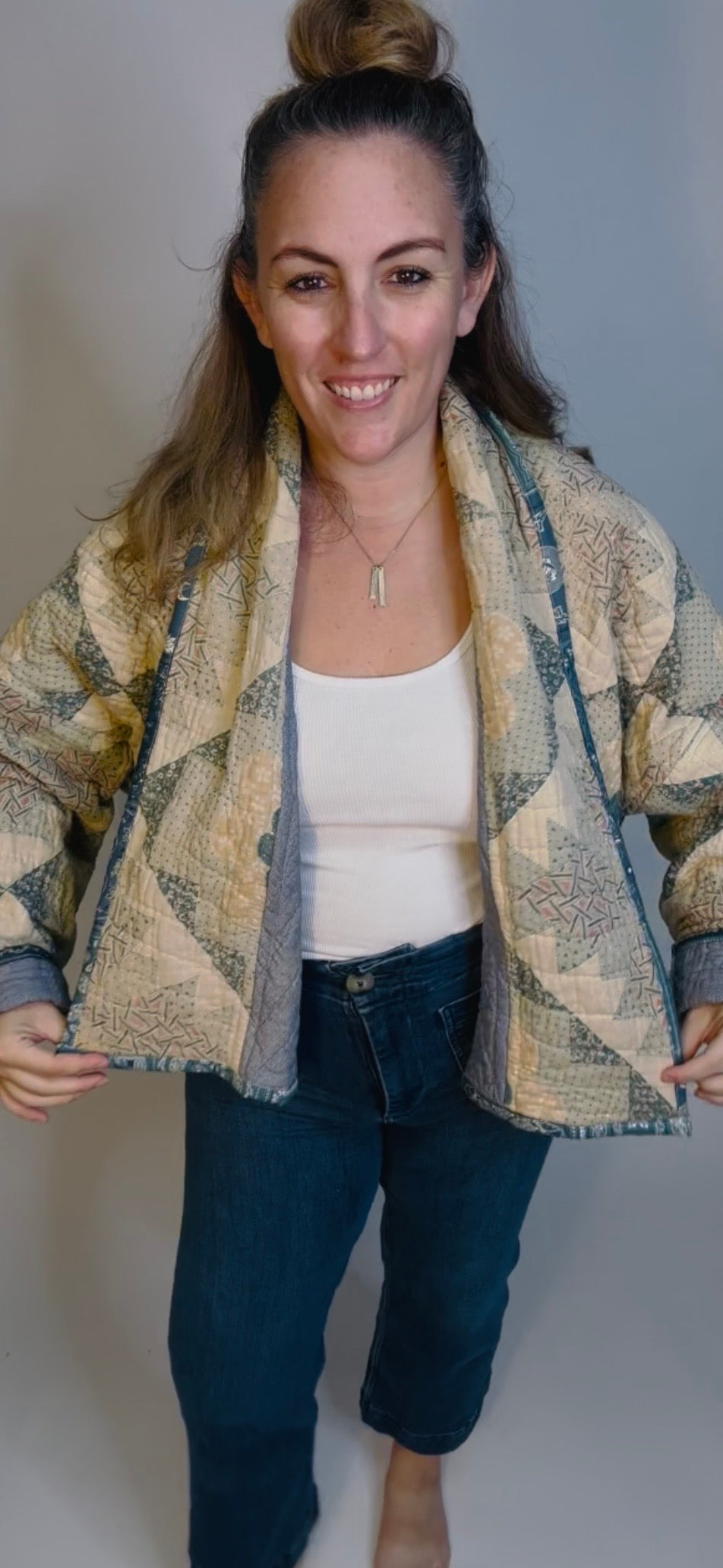 Blue and Cream Floral Quilted Jacket