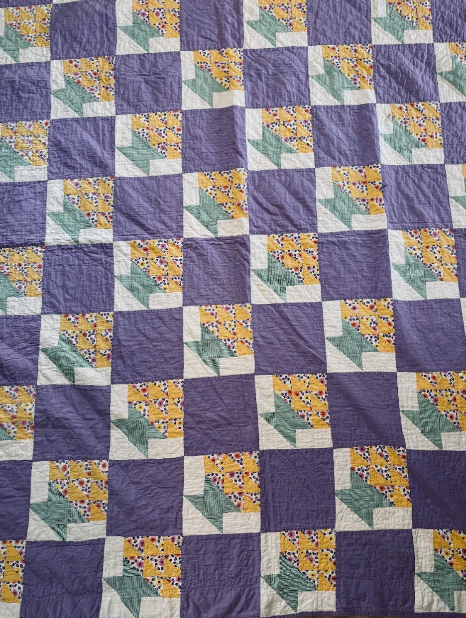 Pretty purple, yellow and green bouquet vintage handmade quilt