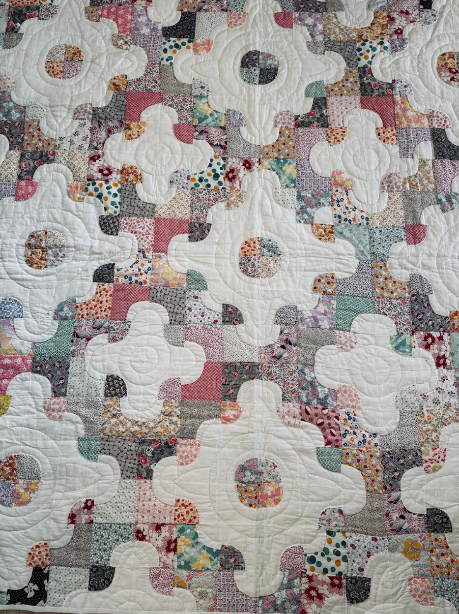 neutral jigsaw pattern handmade quilt antique vintage handmade