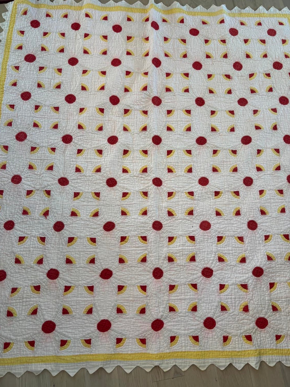 antique red yellow and pink handmade quilt