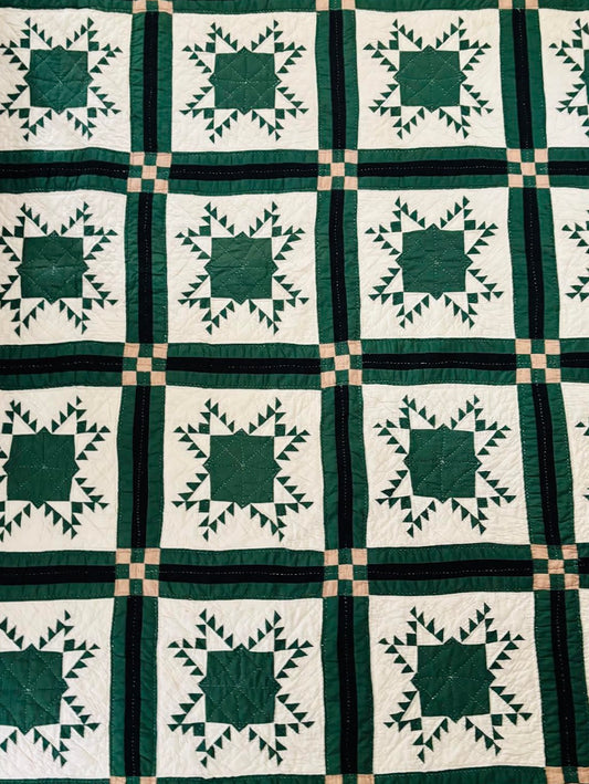 Dark green star block handmade and vintage quilt