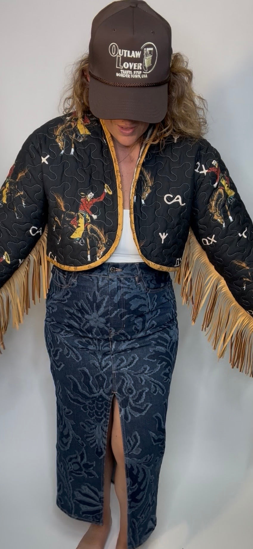 Black Cowboy Leather Fringe Quilted Jacket