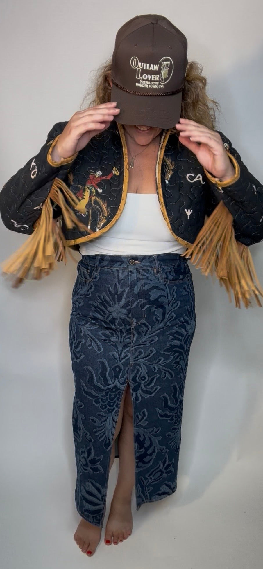 Black Cowboy Leather Fringe Quilted Jacket