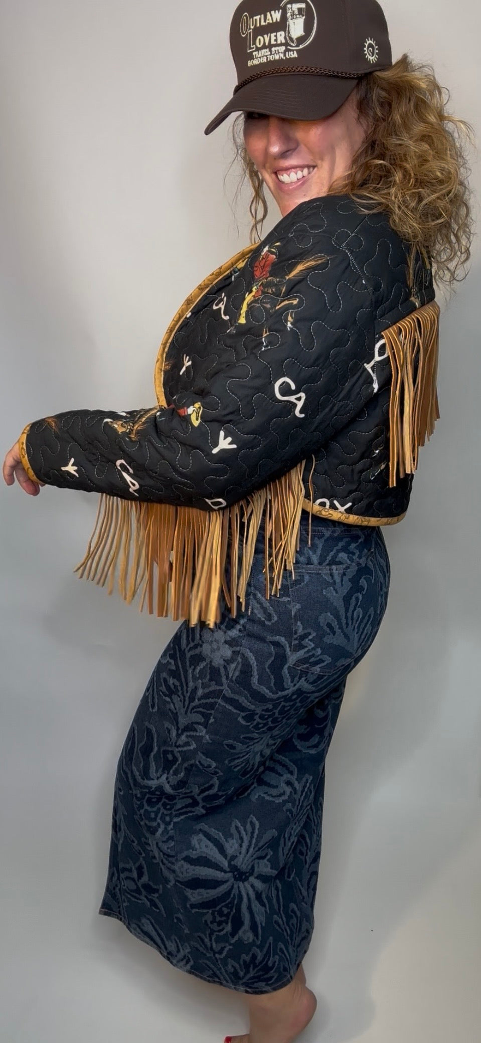 Black Cowboy Leather Fringe Quilted Jacket