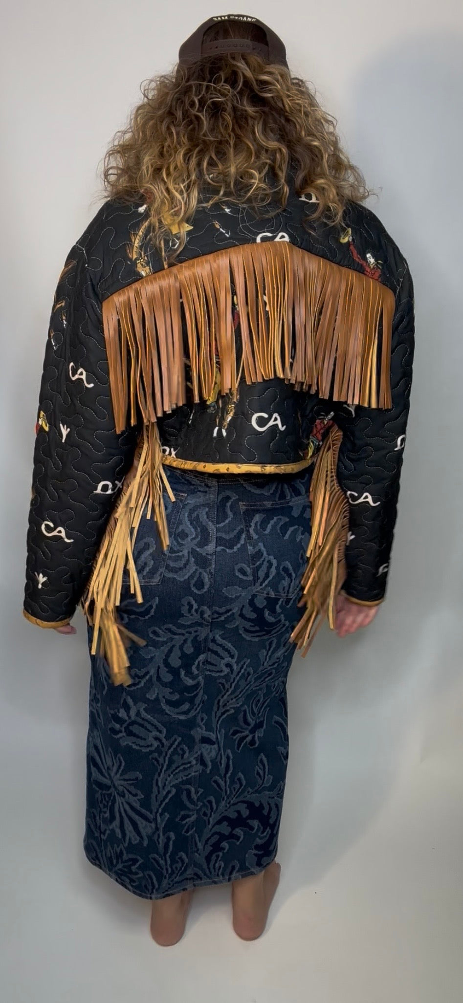 Black Cowboy Leather Fringe Quilted Jacket