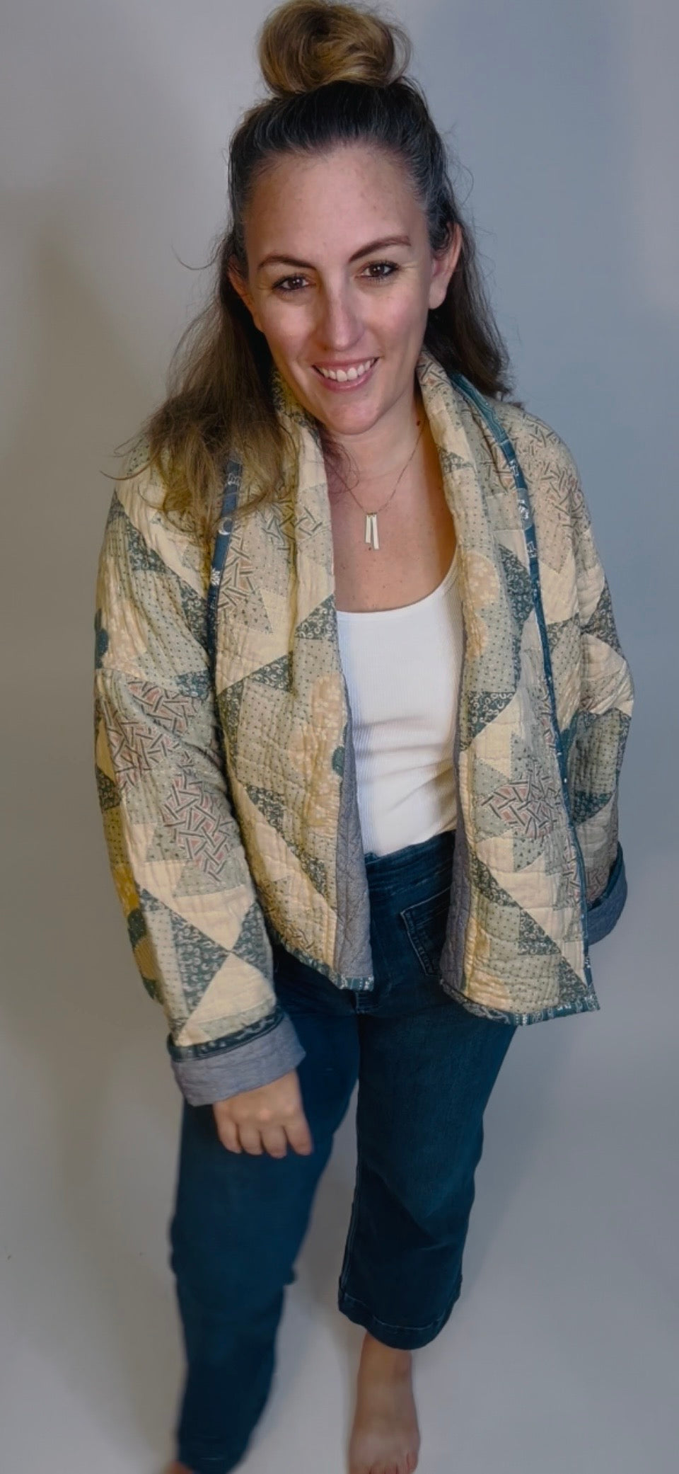 Blue and Cream Floral Quilted Jacket