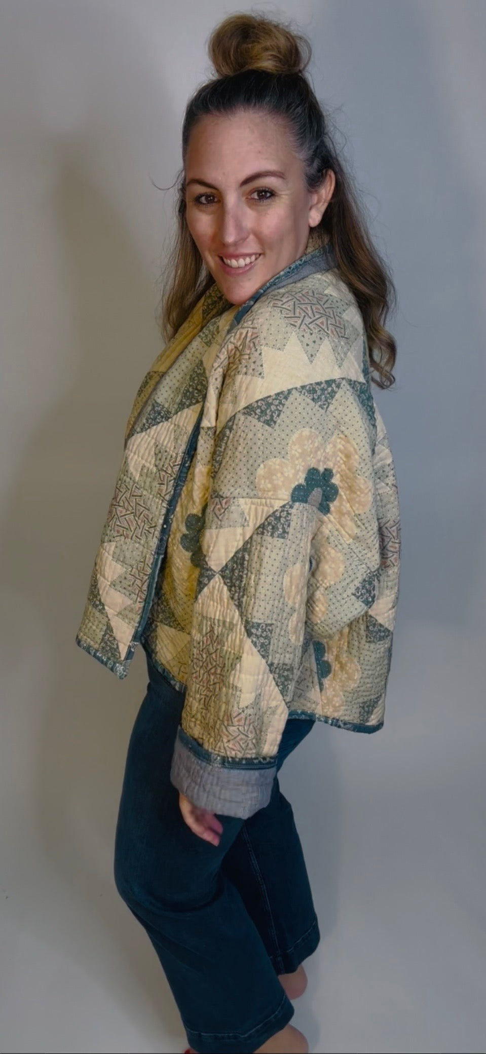 Blue and Cream Floral Quilted Jacket