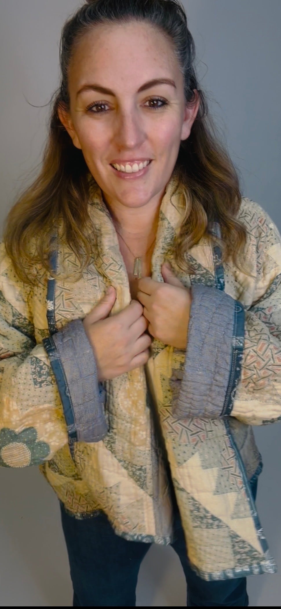 Blue and Cream Floral Quilted Jacket