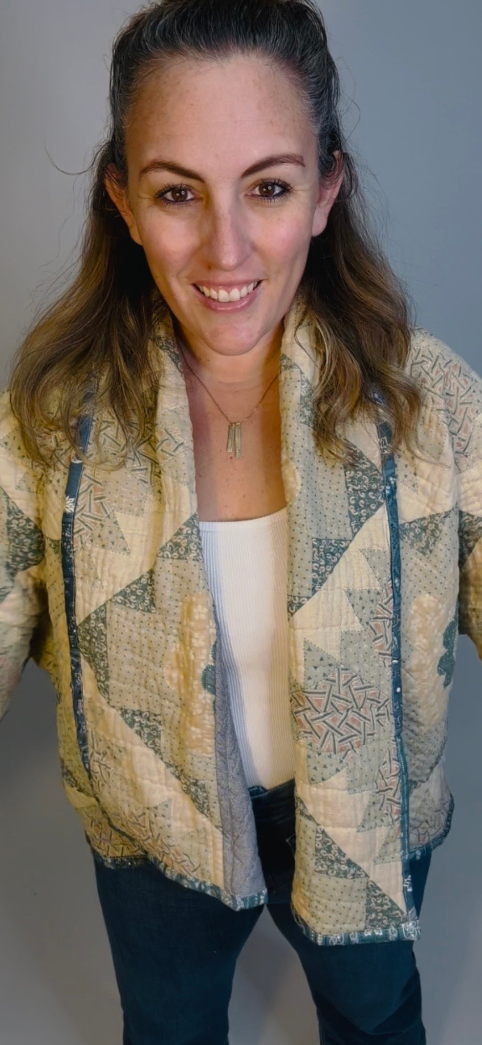Blue and Cream Floral Quilted Jacket