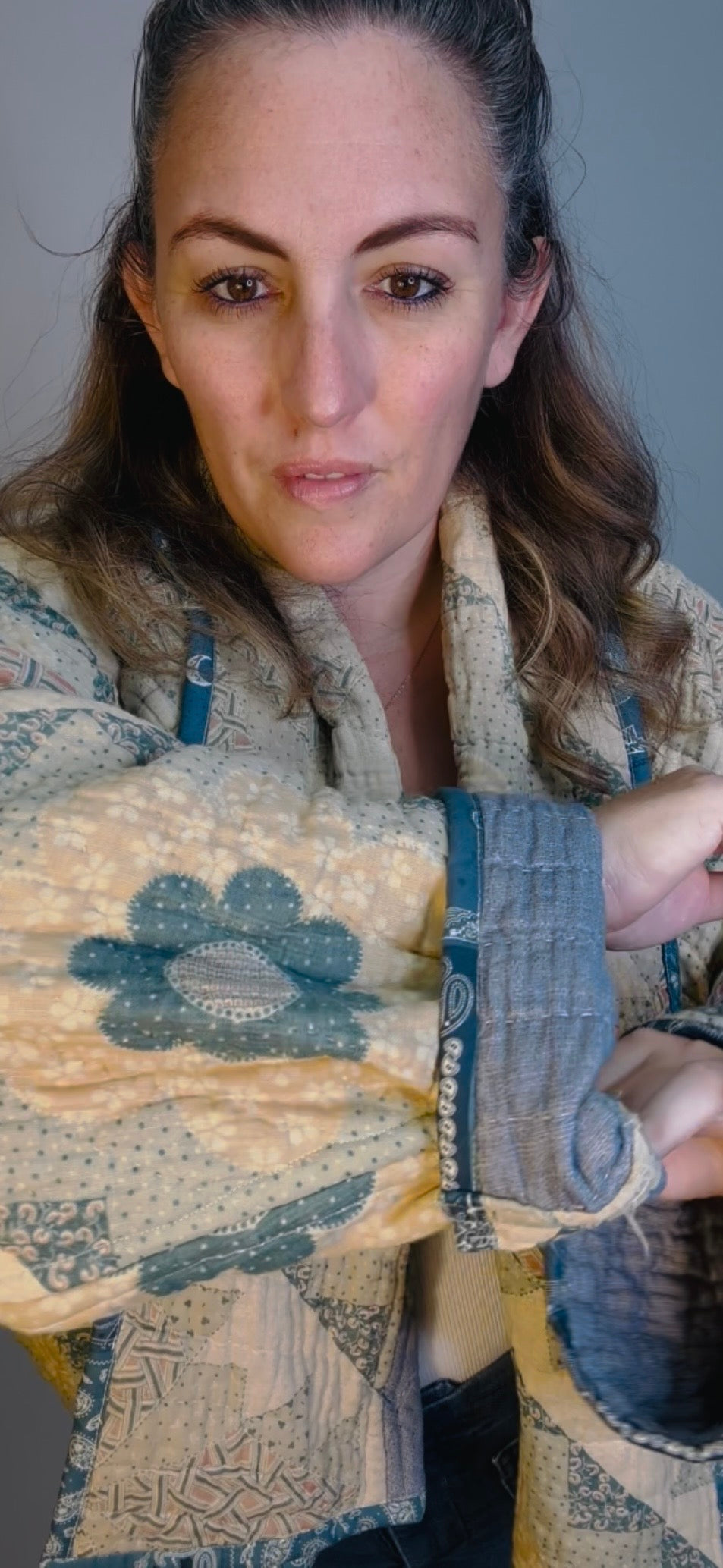 Blue and Cream Floral Quilted Jacket