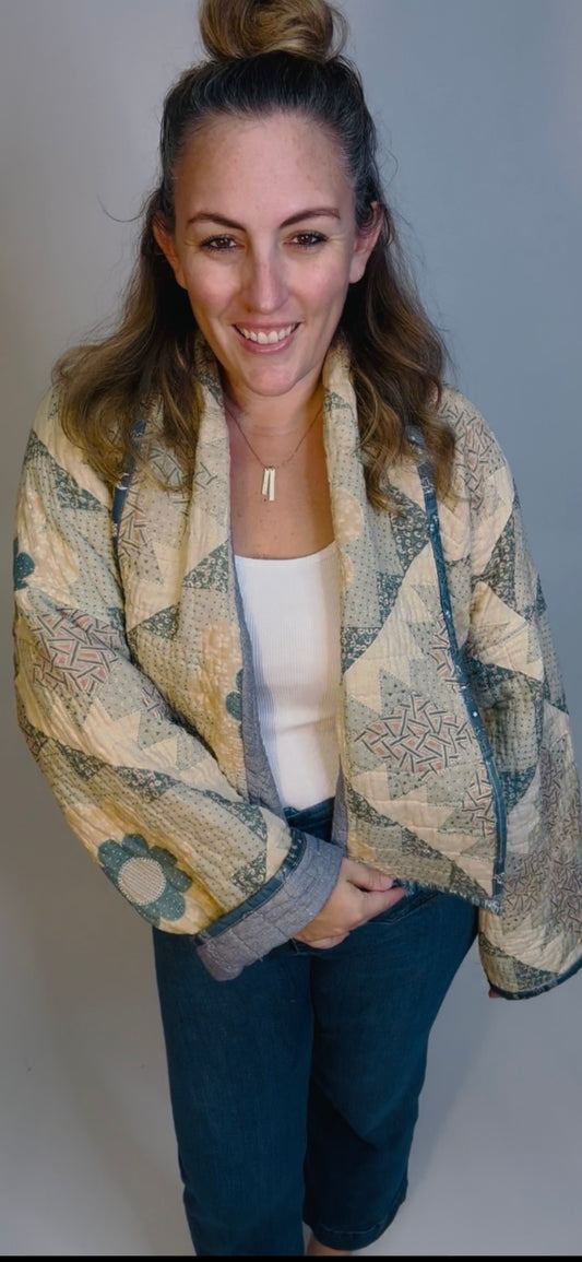 Blue and Cream Floral Quilted Jacket