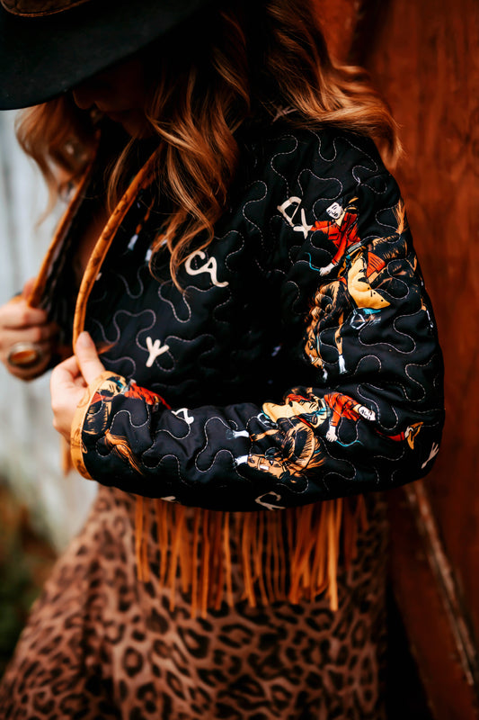 Black Cowboy Leather Fringe Quilted Jacket