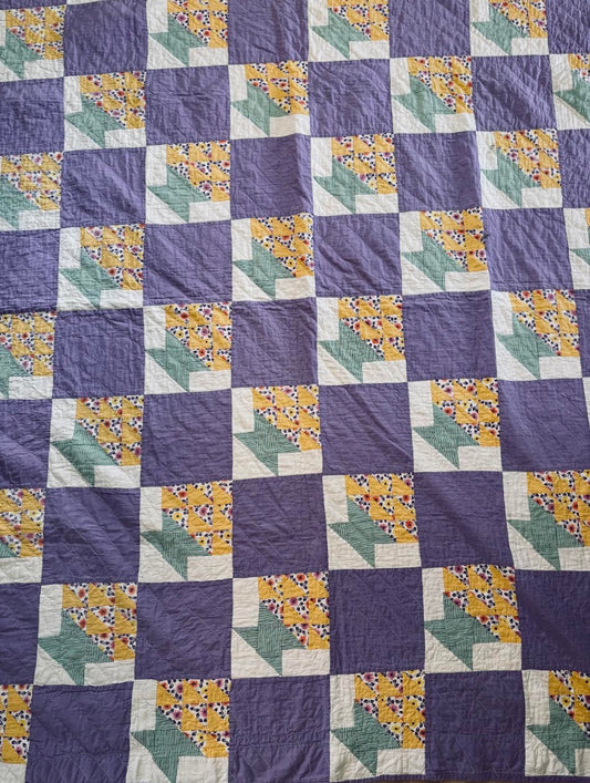 Pretty purple, yellow and green bouquet vintage handmade quilt