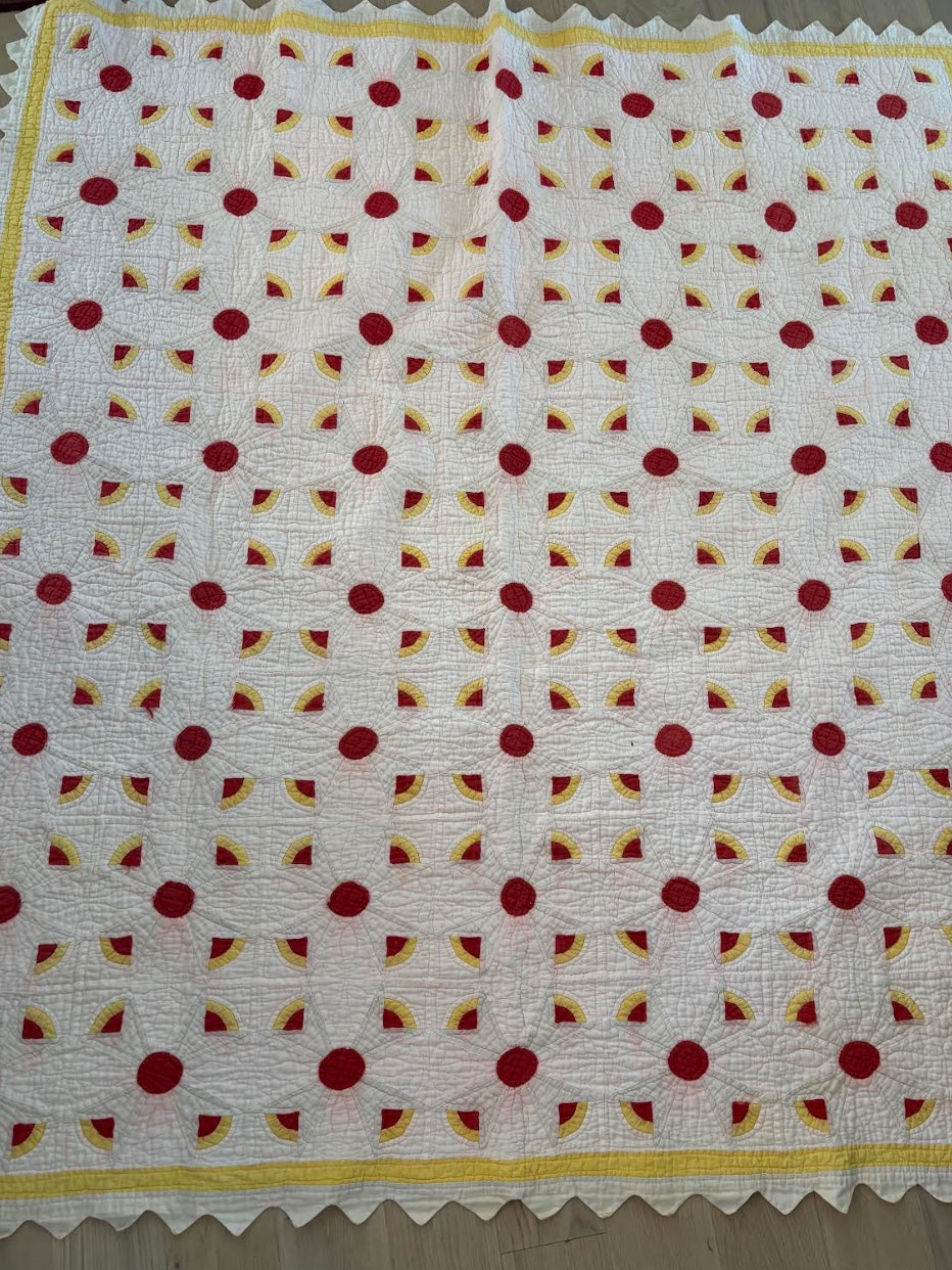 antique red yellow and pink handmade quilt