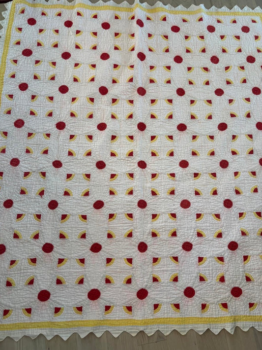 antique red yellow and pink handmade quilt